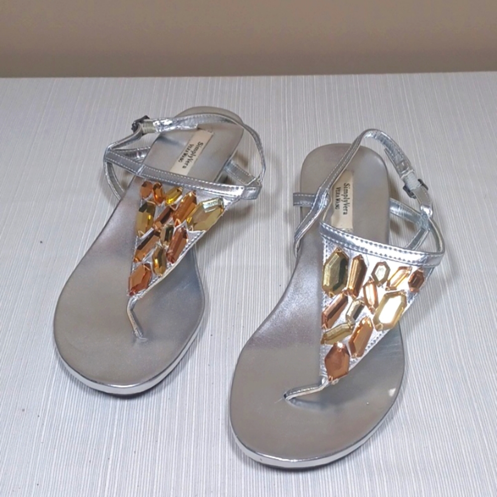 Sz 7 Vera Wang Silver Metallic Sandals with Gold Jewels